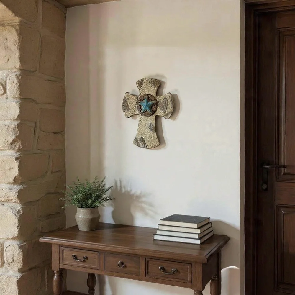 Distressed Western Cross wall decor with a turquoise star accent